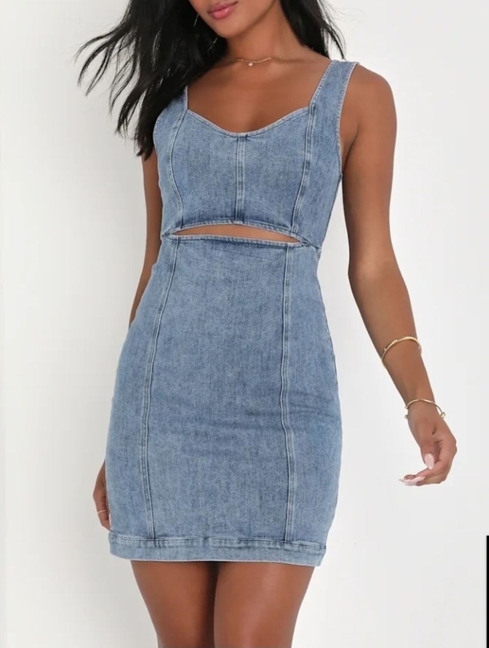 Lulus Denim Mini Dress Cutout Waist Blue Stretch Fitted Size M (No Tag)